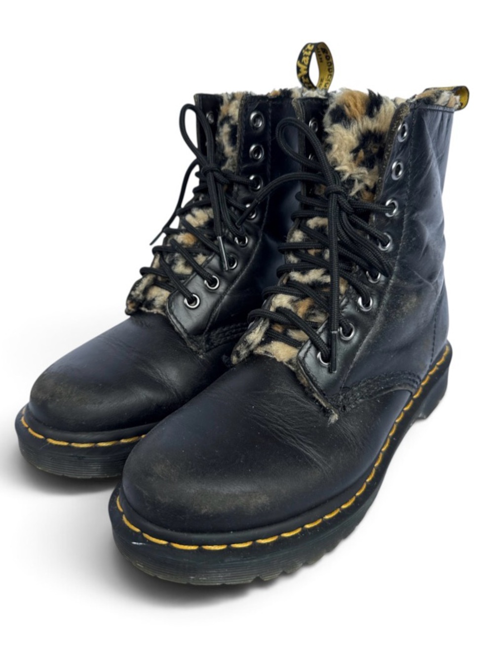 Dr. Martens Serena Black Leather Lace-Up Boots with Leopard Fur Trim- 6
